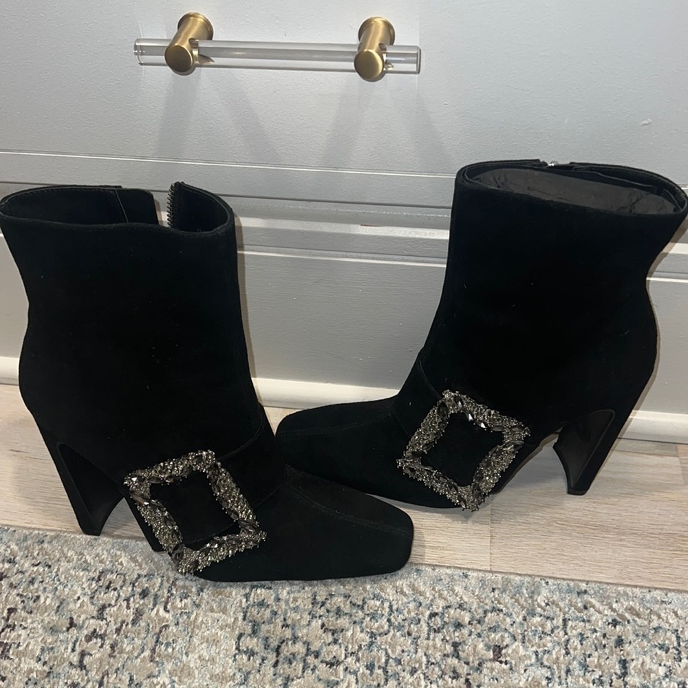Zara black suede booties with crystal buckle detail